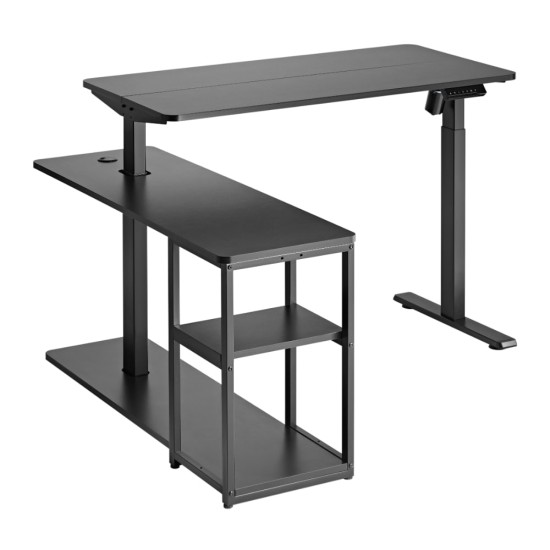 Черно L-образно електрическо бюро с регулируема височина и рафтове Sit-Stand