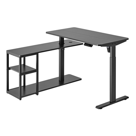 Черно L-образно електрическо бюро с регулируема височина и рафтове Sit-Stand