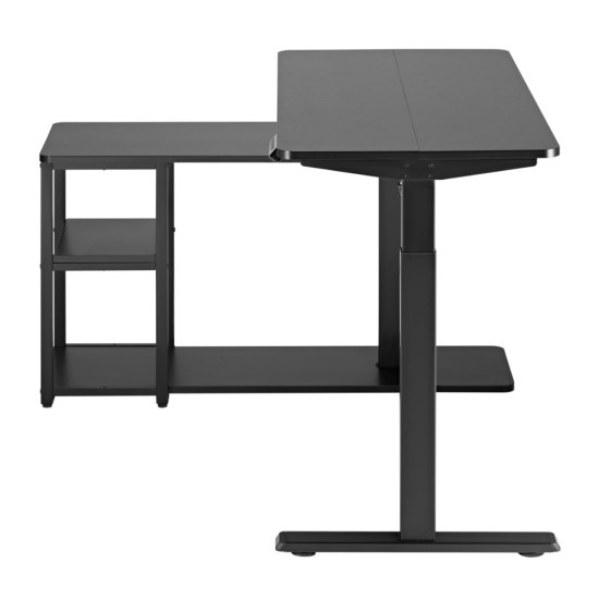 Черно L-образно електрическо бюро с регулируема височина и рафтове Sit-Stand